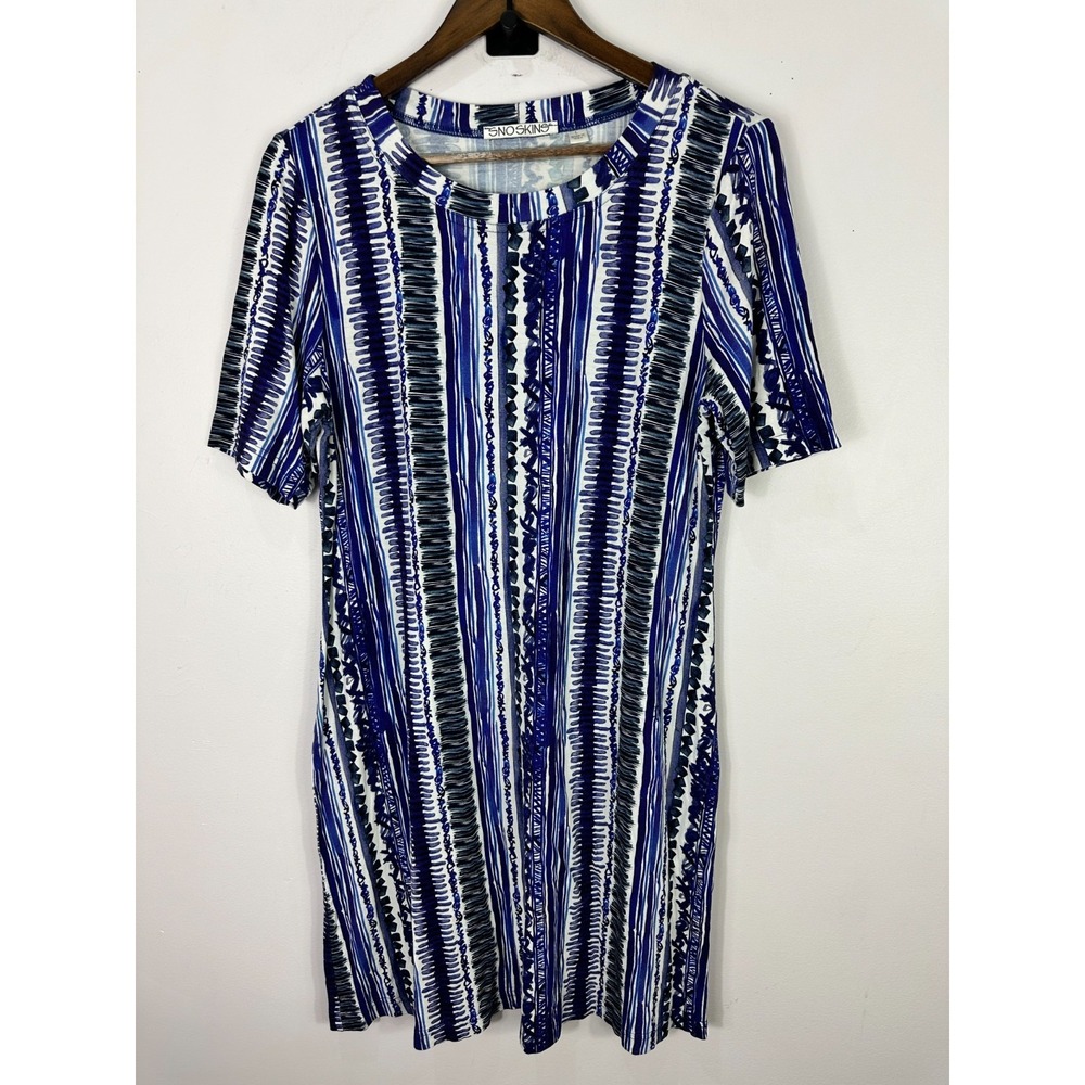 Snoskins‎ T-Shirt Dress Womens L Blue Abstract Stripe Short Sleeve Stretch Artsy